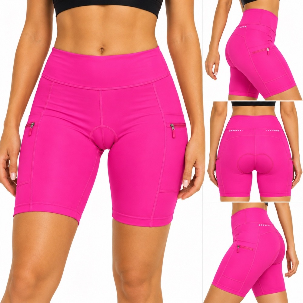 Bikewa Womens XL Hot Pink Padded Cycling Shorts Zipper Pockets High Waist Bike